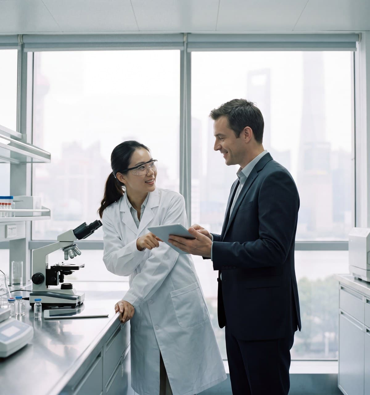 A research lead explaining results to a visiting business development executive
