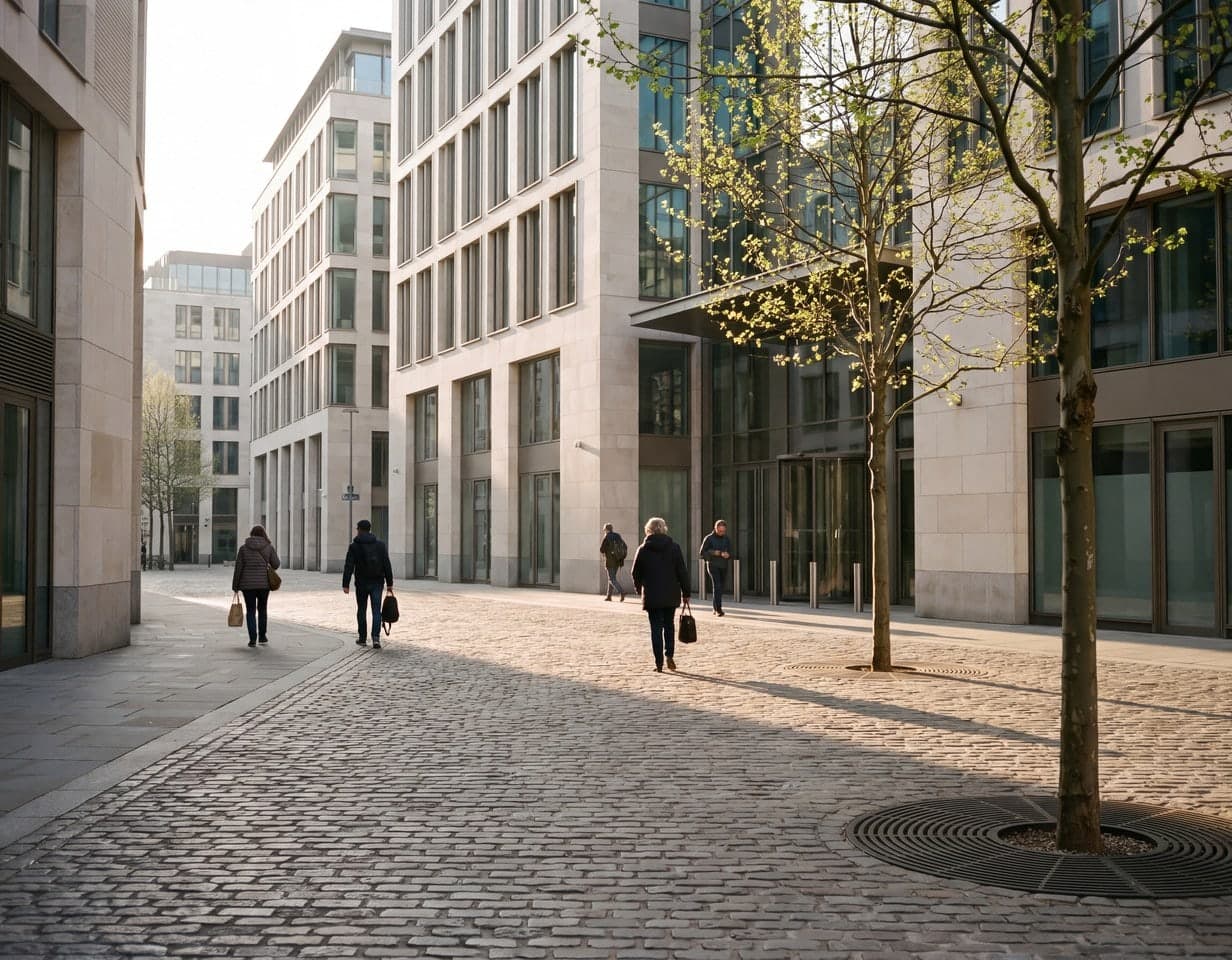 A stone-paved square in the morning